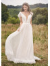 Tiered Flutter Sleeve Ivory Tulle V Back Wedding Dress